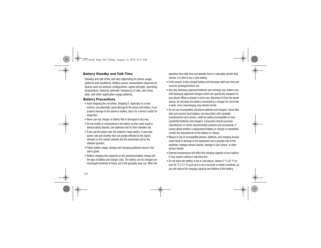 Battery standby and talk time, Battery precautions, Battery standby and talk time battery precautions | Samsung SGH-A187ZBCATT User Manual | Page 108 / 123