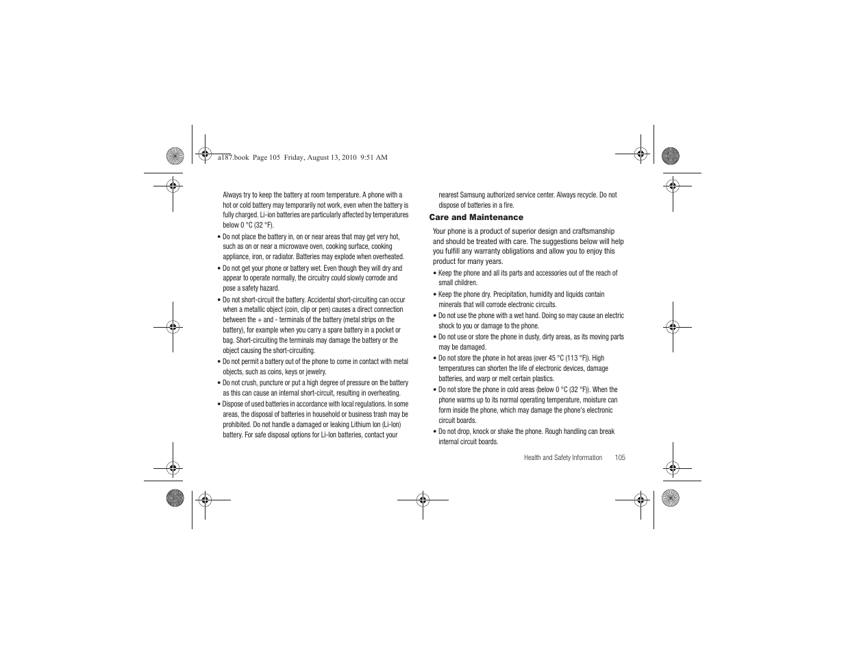 Care and maintenance | Samsung SGH-A187ZBCATT User Manual | Page 109 / 123