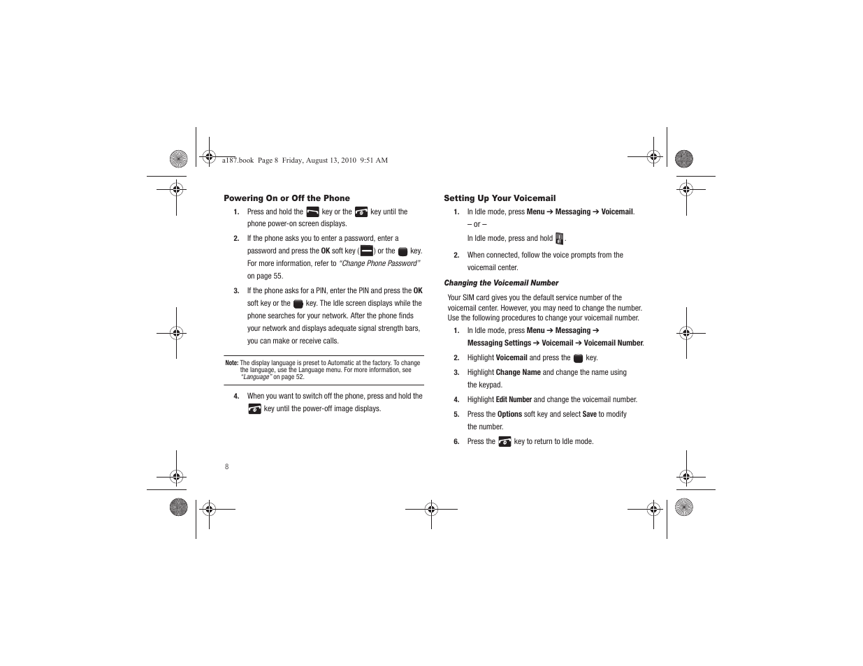 Powering on or off the phone, Setting up your voicemail | Samsung SGH-A187ZBCATT User Manual | Page 12 / 123