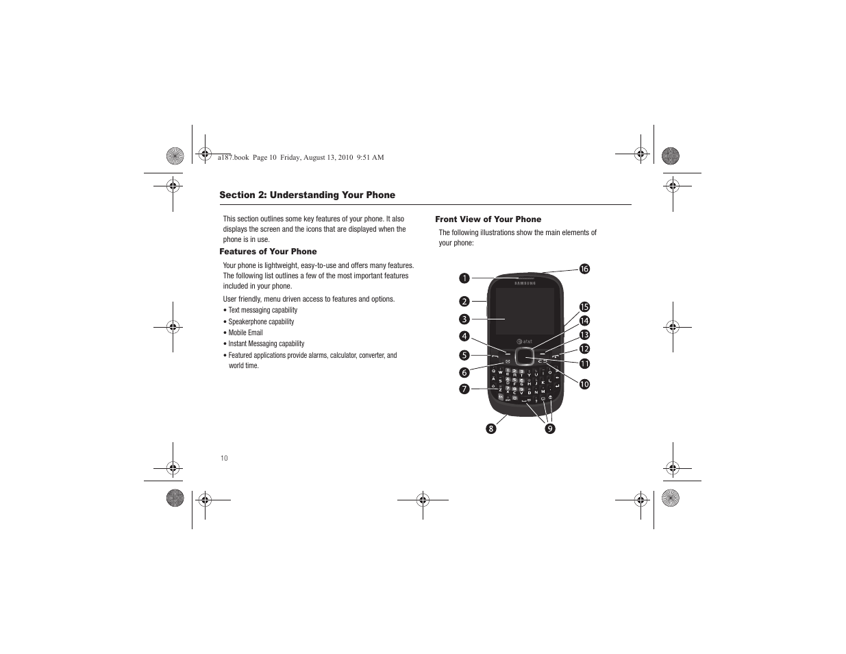 Section 2: understanding your phone, Features of your phone, Front view of your phone | Features of your phone front view of your phone | Samsung SGH-A187ZBCATT User Manual | Page 14 / 123