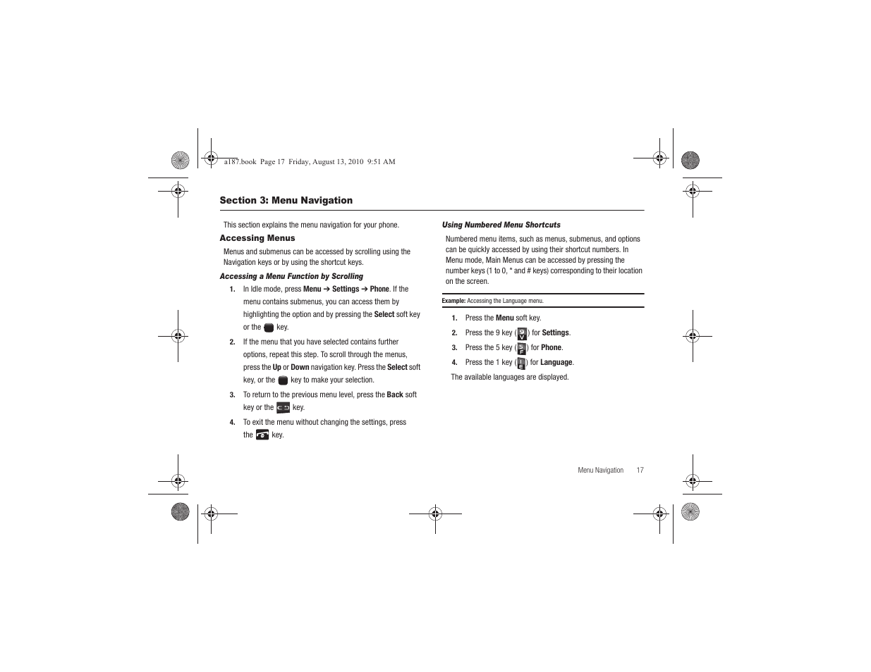 Section 3: menu navigation, Accessing menus | Samsung SGH-A187ZBCATT User Manual | Page 21 / 123