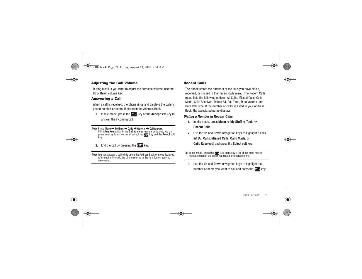 Adjusting the call volume, Answering a call, Recent calls | Samsung SGH-A187ZBCATT User Manual | Page 25 / 123