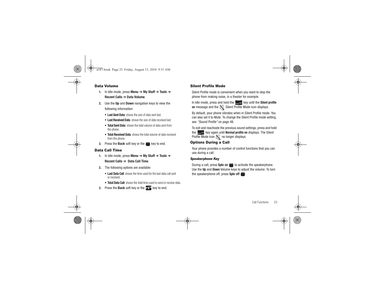 Data volume, Data call time, Silent profile mode | Options during a call | Samsung SGH-A187ZBCATT User Manual | Page 27 / 123