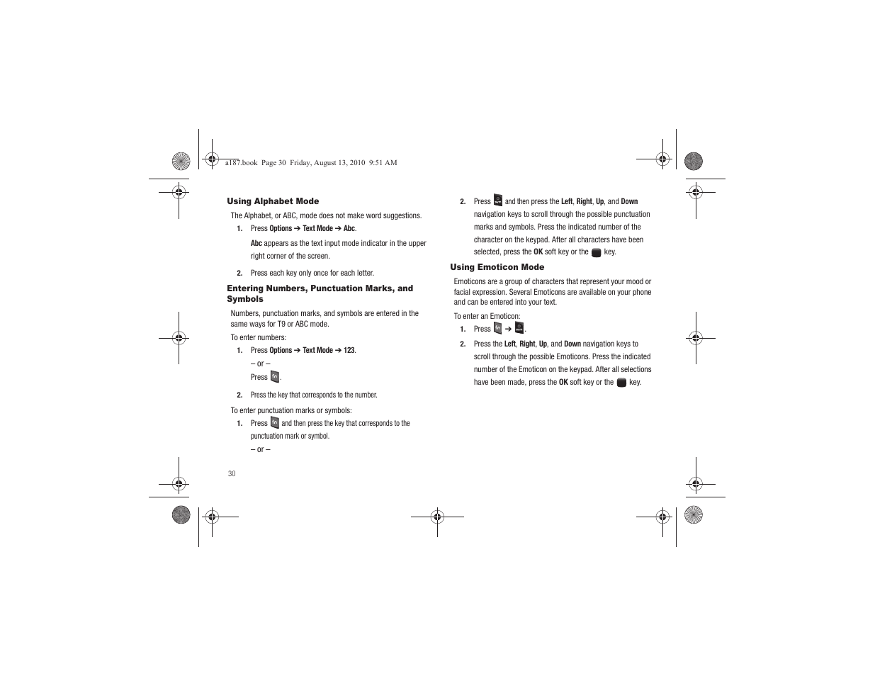 Using alphabet mode, Entering numbers, punctuation marks, and symbols, Using emoticon mode | Samsung SGH-A187ZBCATT User Manual | Page 34 / 123