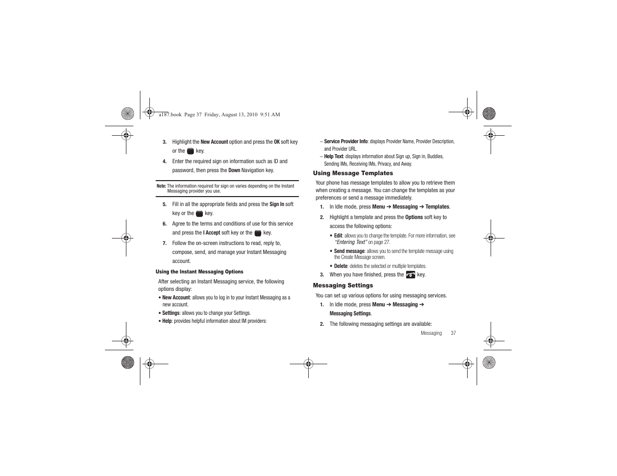 Using message templates, Messaging settings, Using message templates messaging settings | Samsung SGH-A187ZBCATT User Manual | Page 41 / 123