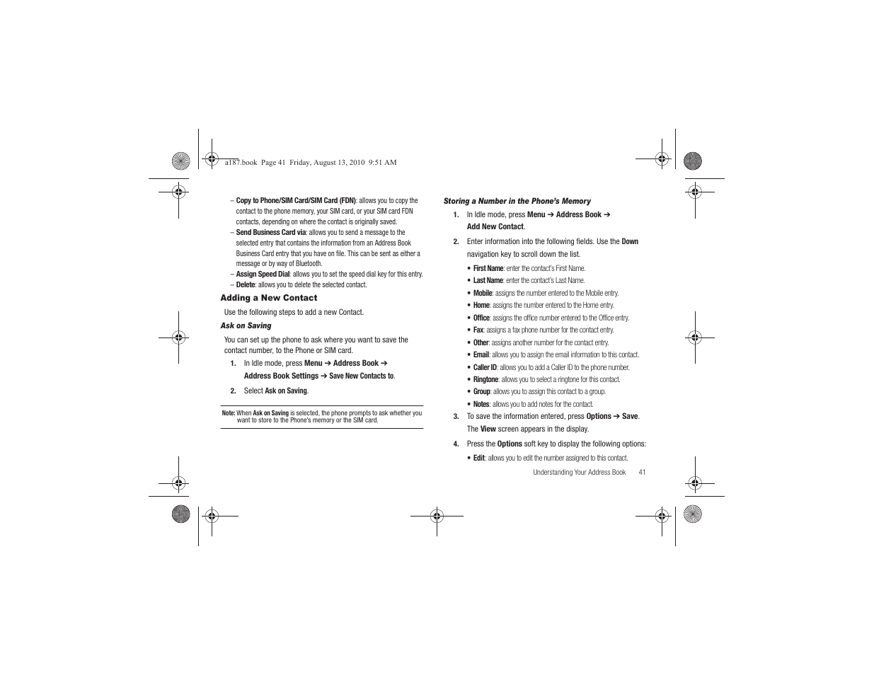 Adding a new contact | Samsung SGH-A187ZBCATT User Manual | Page 45 / 123