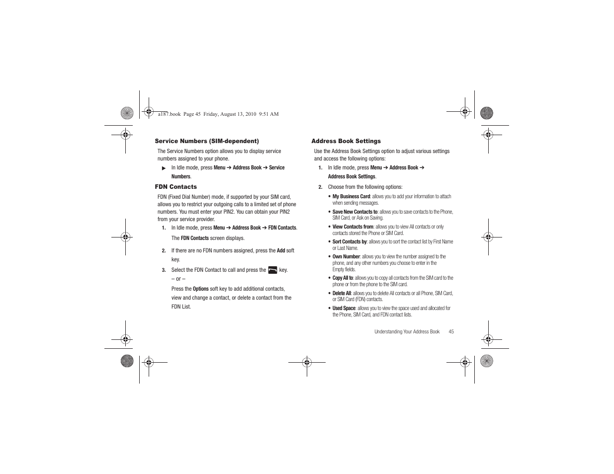 Service numbers (sim-dependent), Fdn contacts, Address book settings | Samsung SGH-A187ZBCATT User Manual | Page 49 / 123