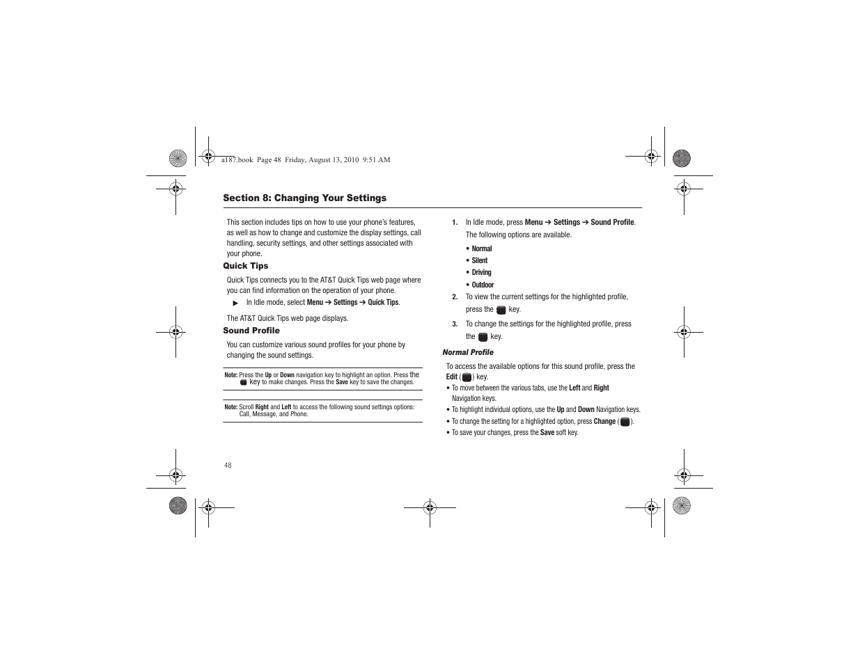 Section 8: changing your settings, Quick tips, Sound profile | Quick tips sound profile | Samsung SGH-A187ZBCATT User Manual | Page 52 / 123