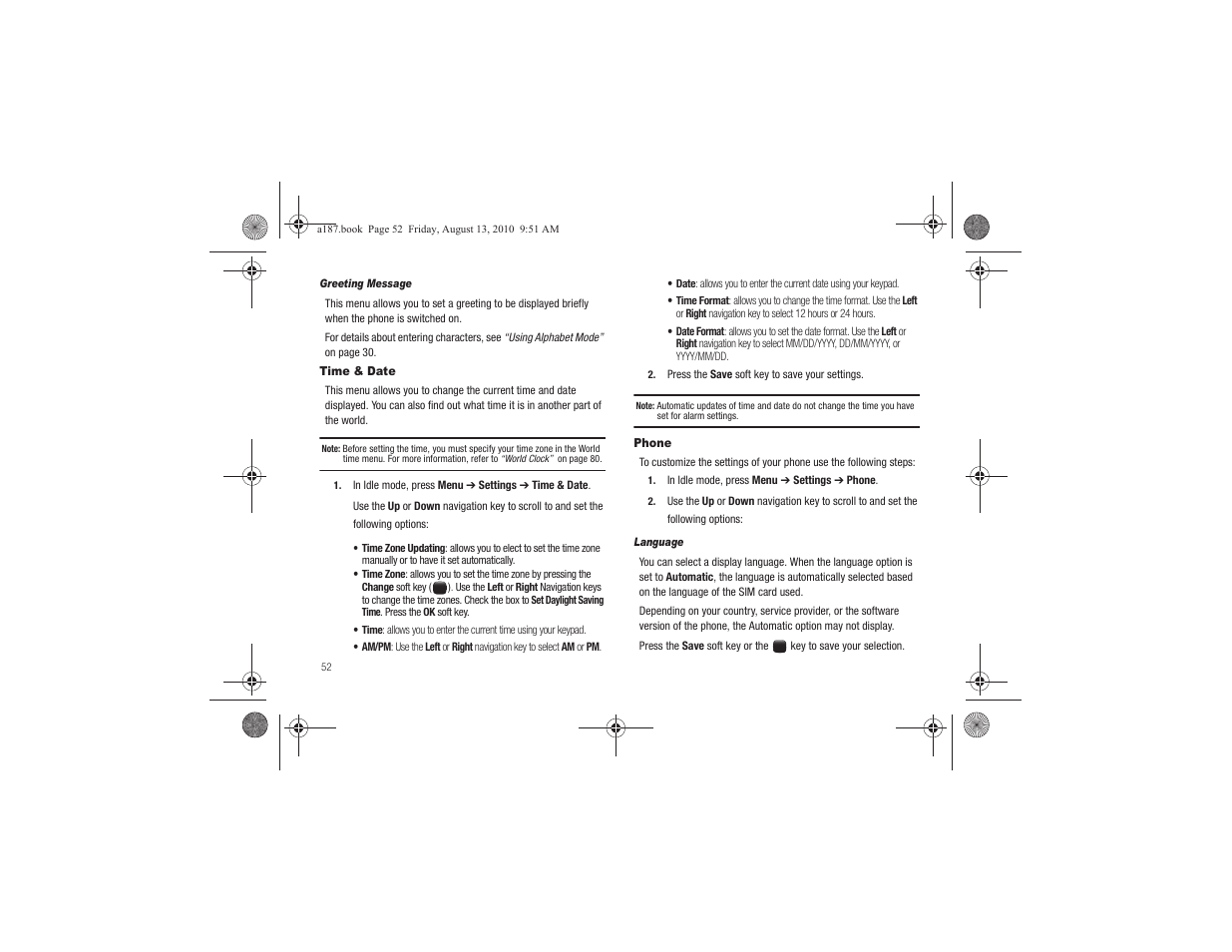 Time & date, Phone, Time & date phone | Samsung SGH-A187ZBCATT User Manual | Page 56 / 123