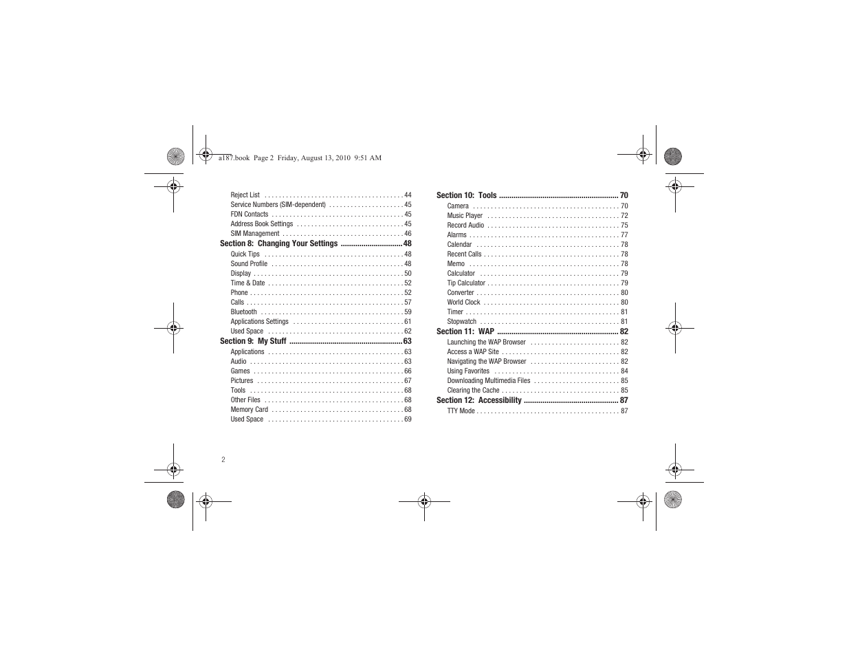 Section 8: changing your settings 48, Section 9: my stuff 63, Section 10: tools 70 | Section 11: wap 82, Section 12: accessibility 87 | Samsung SGH-A187ZBCATT User Manual | Page 6 / 123