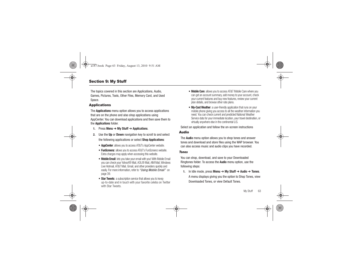 Section 9: my stuff, Applications, Audio | Applications audio | Samsung SGH-A187ZBCATT User Manual | Page 67 / 123