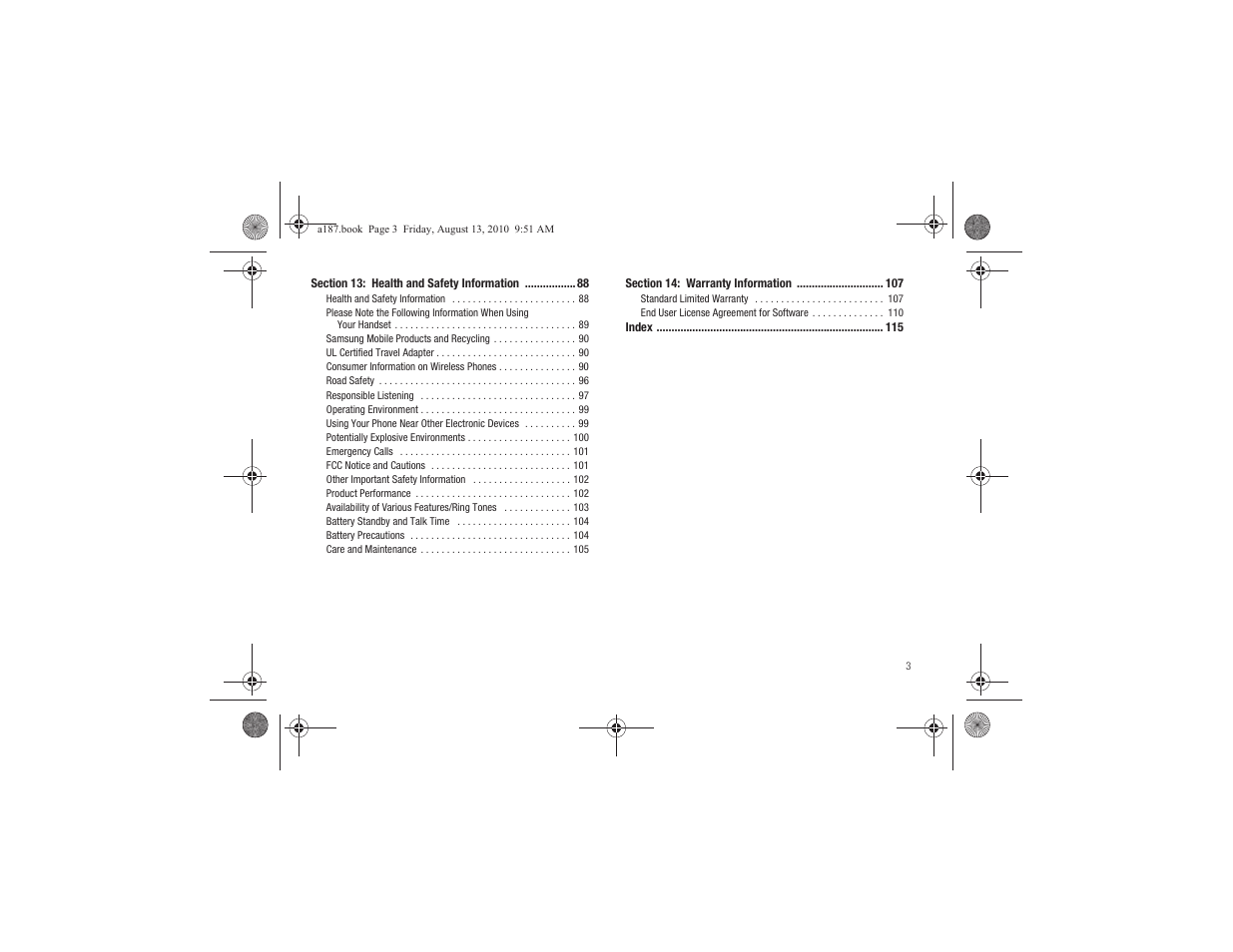 Section 13: health and safety information 88, Section 14: warranty information 107 | Samsung SGH-A187ZBCATT User Manual | Page 7 / 123