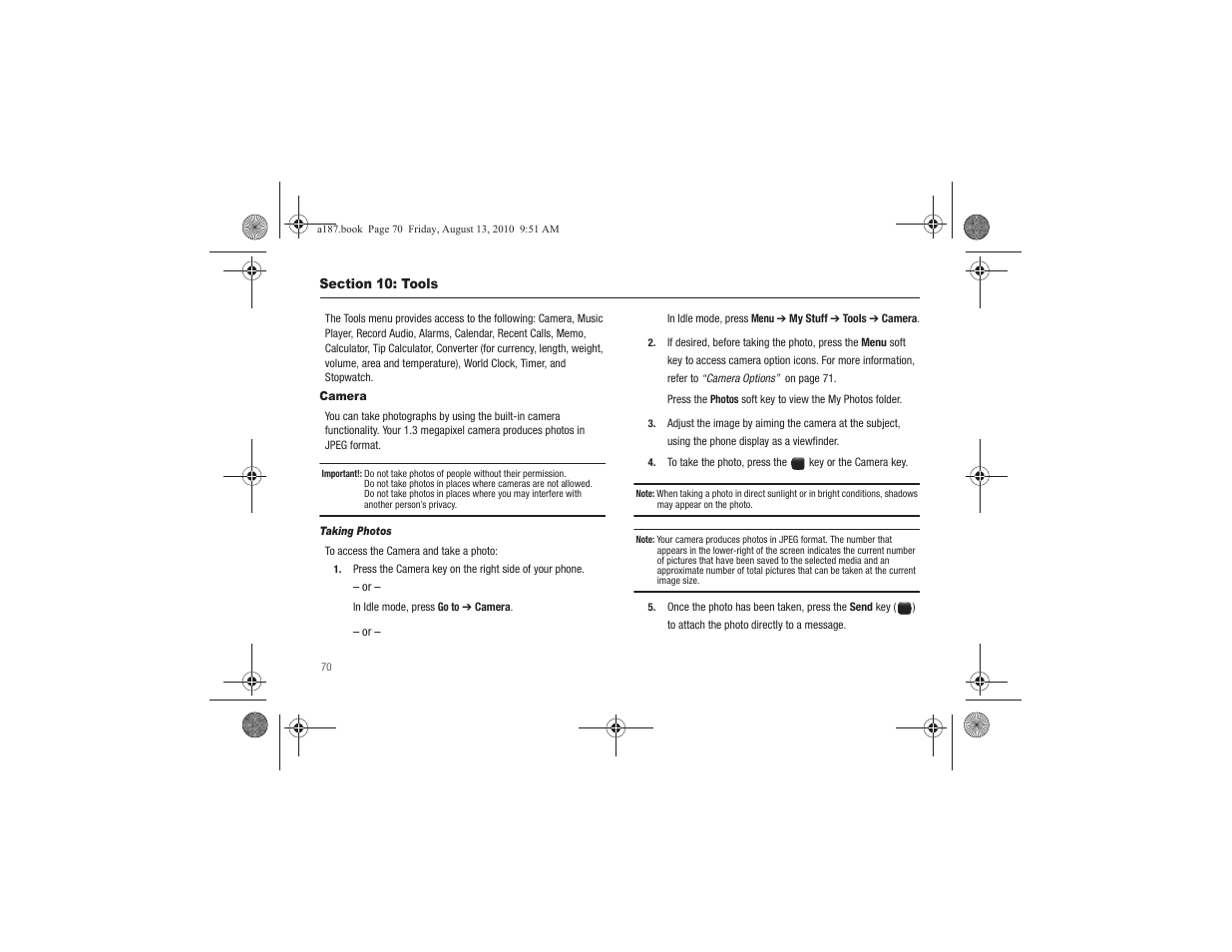 Section 10: tools, Camera, For more information, refer to “camera | Samsung SGH-A187ZBCATT User Manual | Page 74 / 123