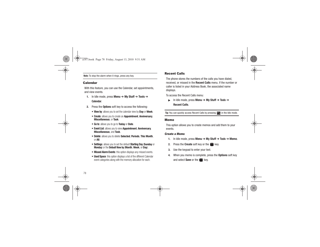 Calendar, Recent calls, Memo | Calendar recent calls memo | Samsung SGH-A187ZBCATT User Manual | Page 82 / 123