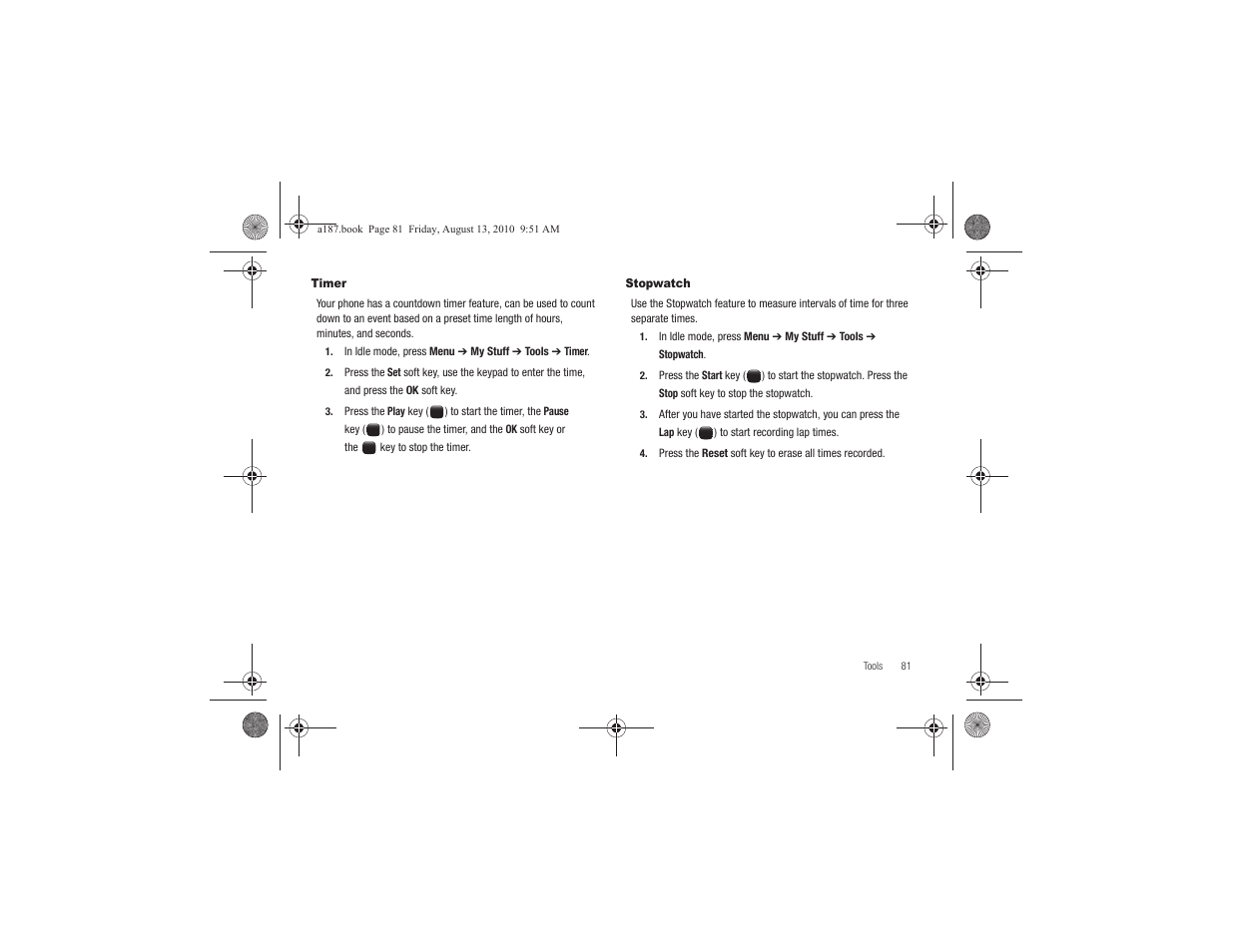 Timer, Stopwatch, Timer stopwatch | Samsung SGH-A187ZBCATT User Manual | Page 85 / 123