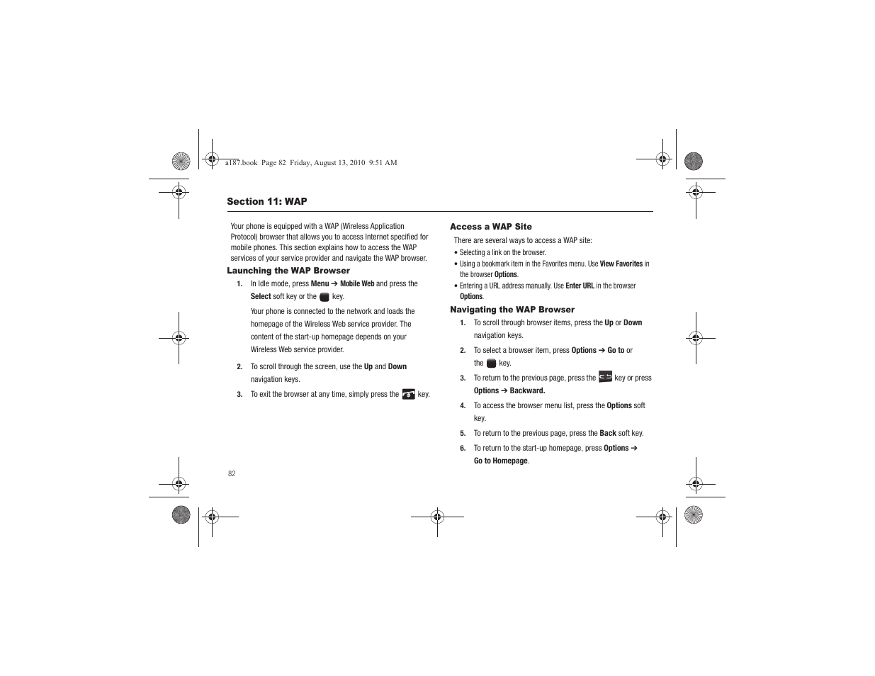 Section 11: wap, Launching the wap browser, Access a wap site | Navigating the wap browser | Samsung SGH-A187ZBCATT User Manual | Page 86 / 123