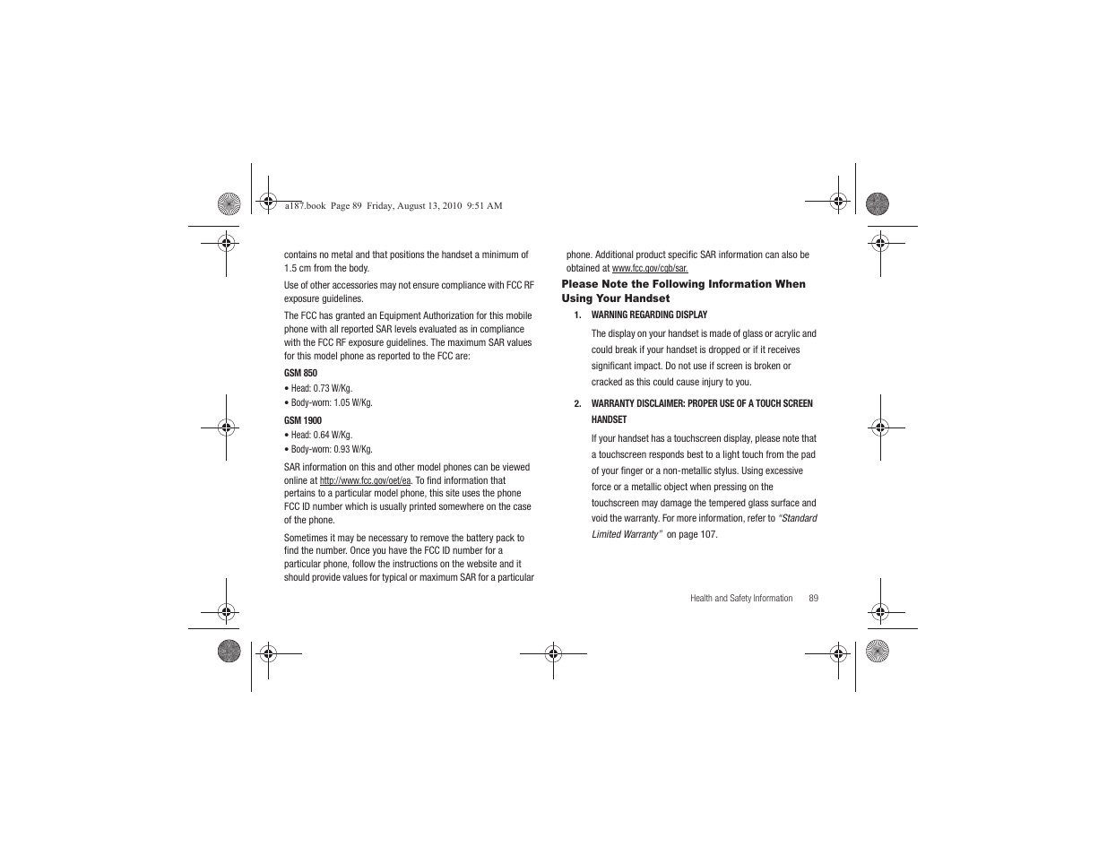 Please note the following information when using, Your handset | Samsung SGH-A187ZBCATT User Manual | Page 93 / 123