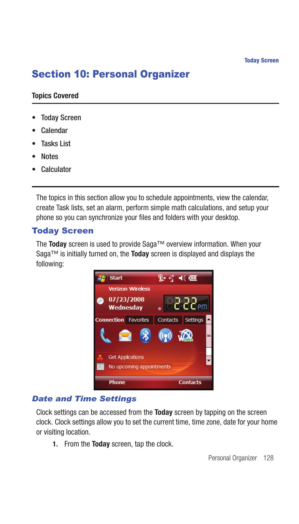 Section 10: personal organizer, Today screen | Samsung SCH-I770HAAVZW User Manual | Page 131 / 203