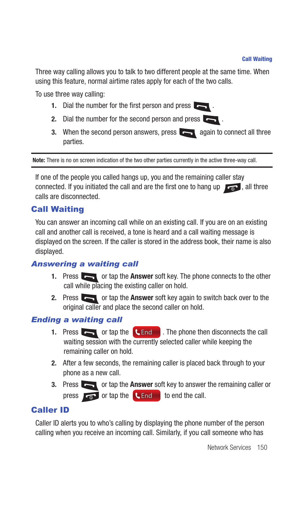 Call waiting, Caller id, Call waiting caller id | Samsung SCH-I770HAAVZW User Manual | Page 153 / 203