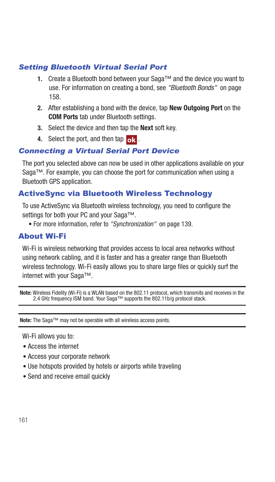 Activesync via bluetooth wireless technology, About wi-fi | Samsung SCH-I770HAAVZW User Manual | Page 164 / 203