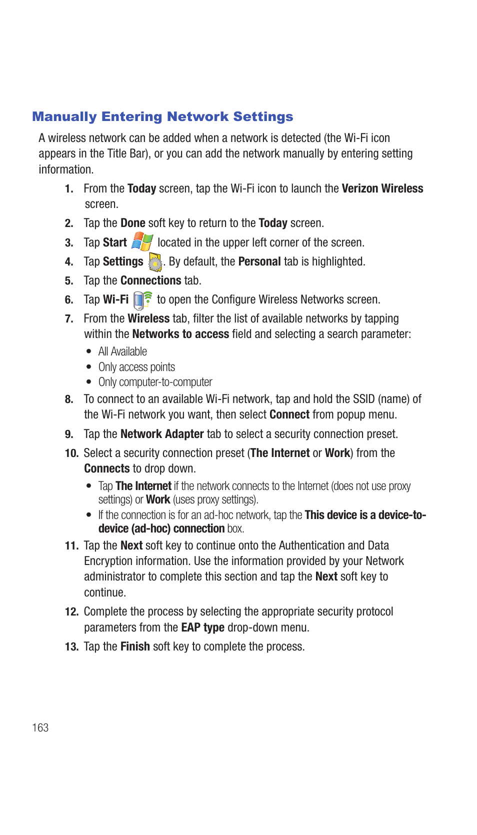 Manually entering network settings | Samsung SCH-I770HAAVZW User Manual | Page 166 / 203