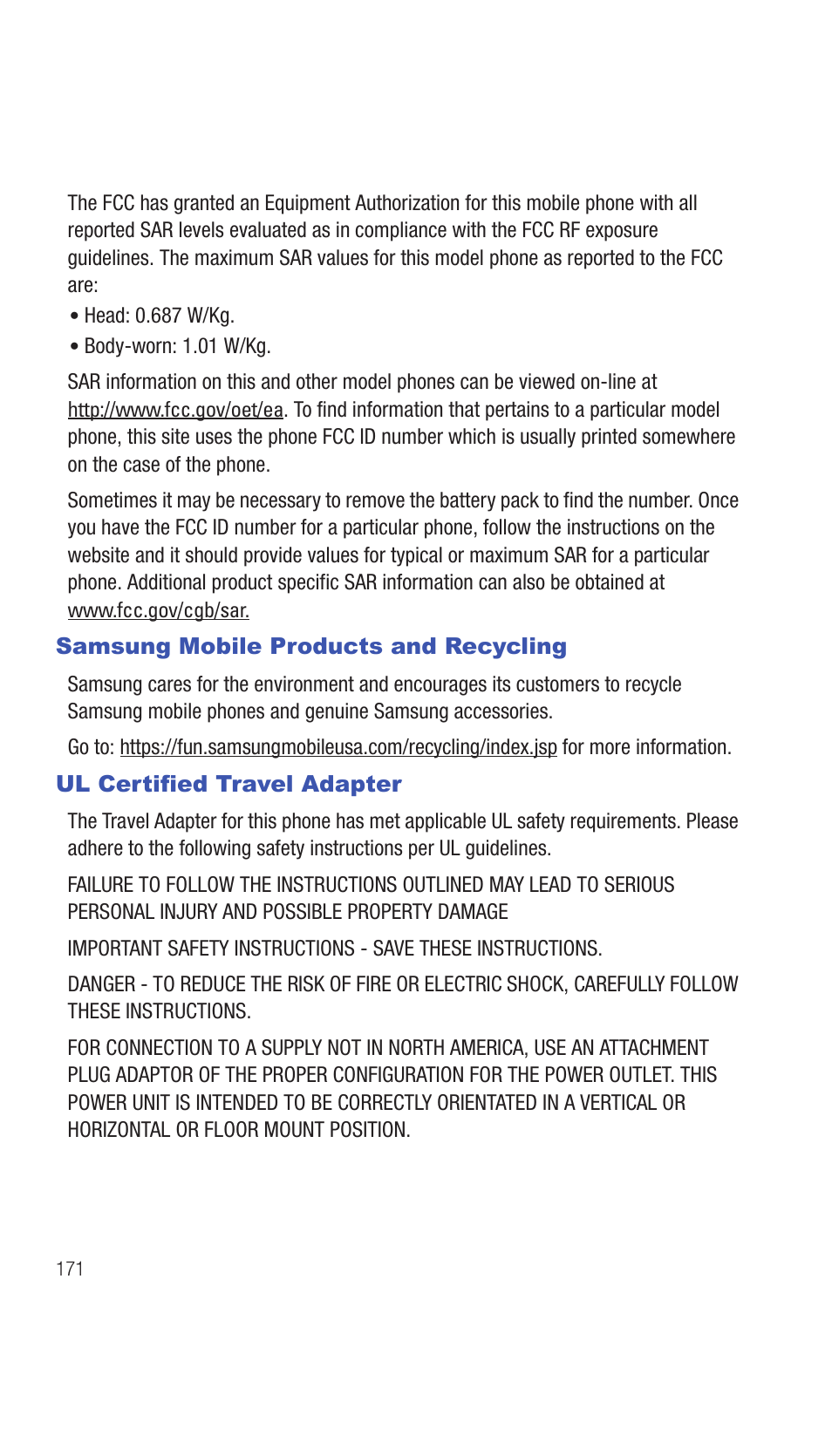 Samsung mobile products and recycling, Ul certified travel adapter | Samsung SCH-I770HAAVZW User Manual | Page 174 / 203