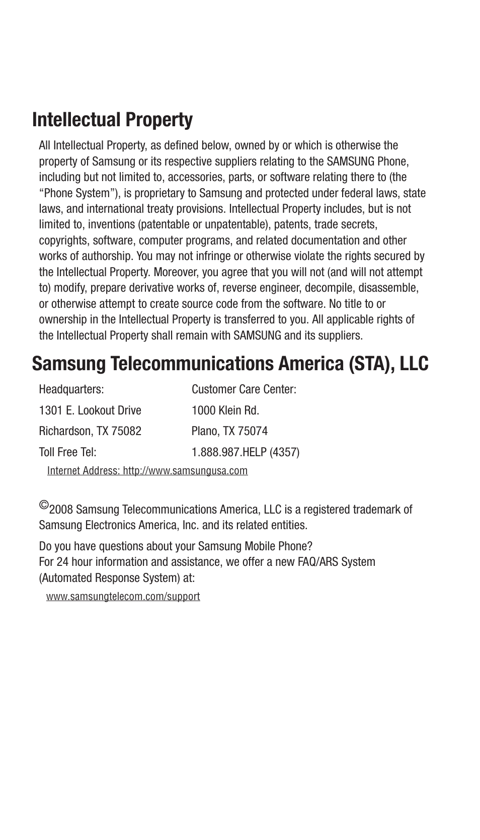 Intellectual property, Samsung telecommunications america (sta), llc | Samsung SCH-I770HAAVZW User Manual | Page 2 / 203