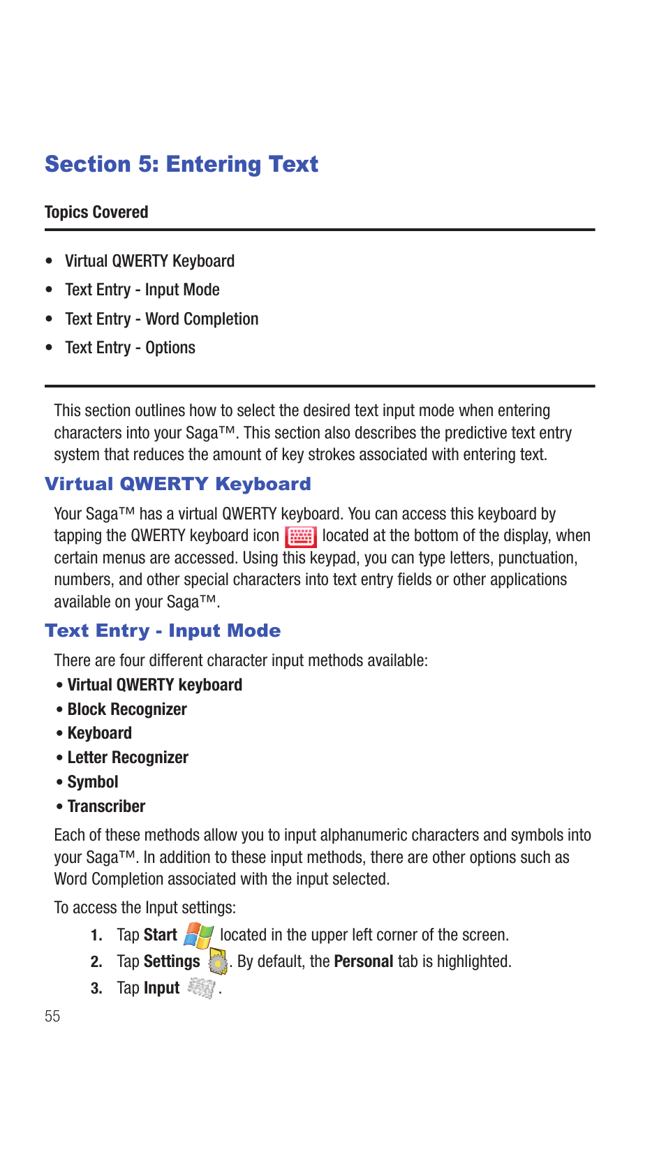 Section 5: entering text, Virtual qwerty keyboard, Text entry - input mode | Virtual qwerty keyboard text entry - input mode | Samsung SCH-I770HAAVZW User Manual | Page 58 / 203