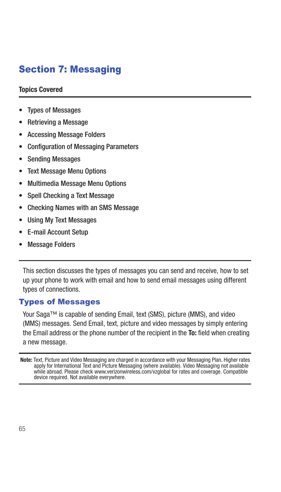 Section 7: messaging, Types of messages | Samsung SCH-I770HAAVZW User Manual | Page 68 / 203