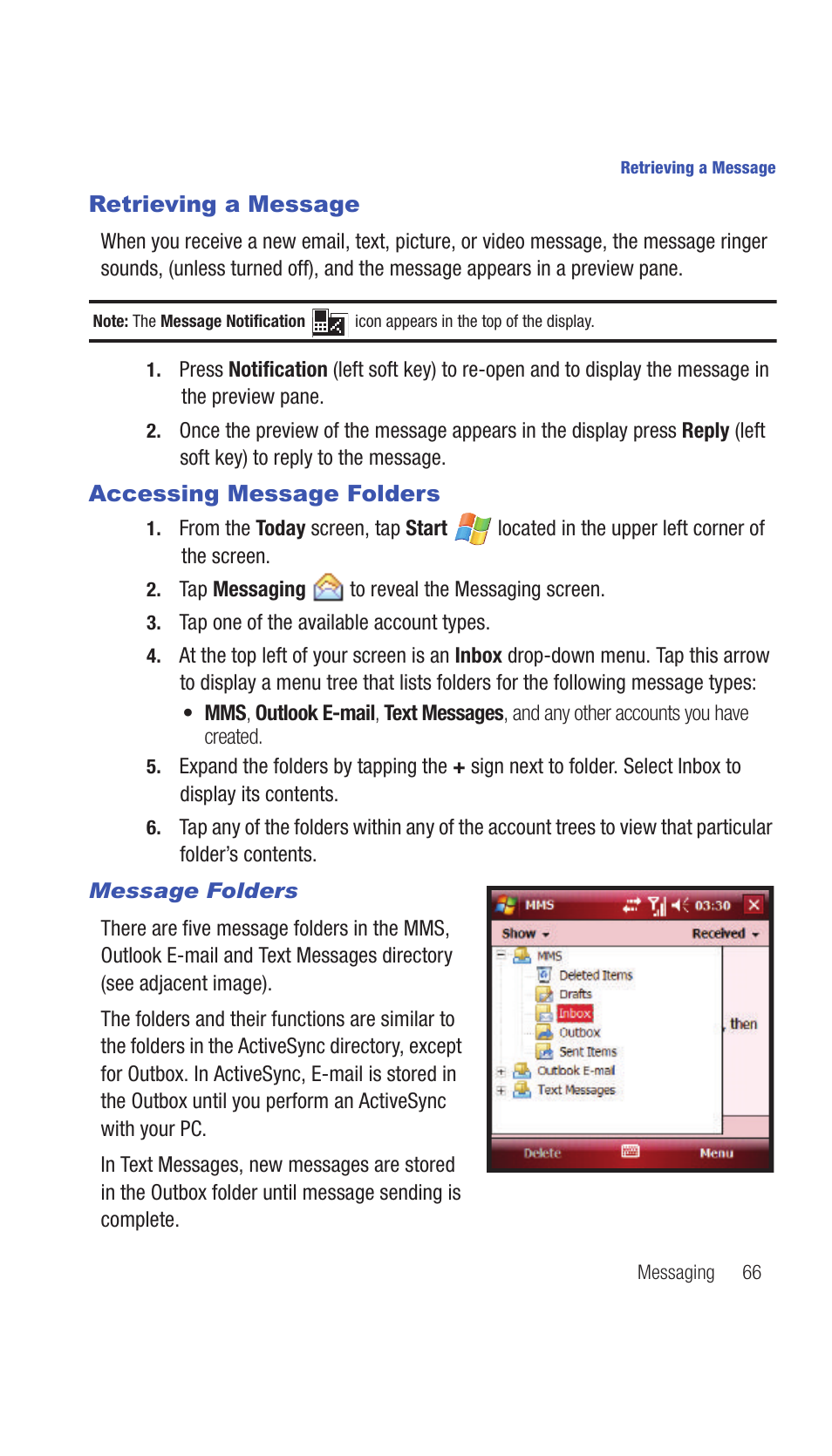 Retrieving a message, Accessing message folders, Retrieving a message accessing message folders | Samsung SCH-I770HAAVZW User Manual | Page 69 / 203