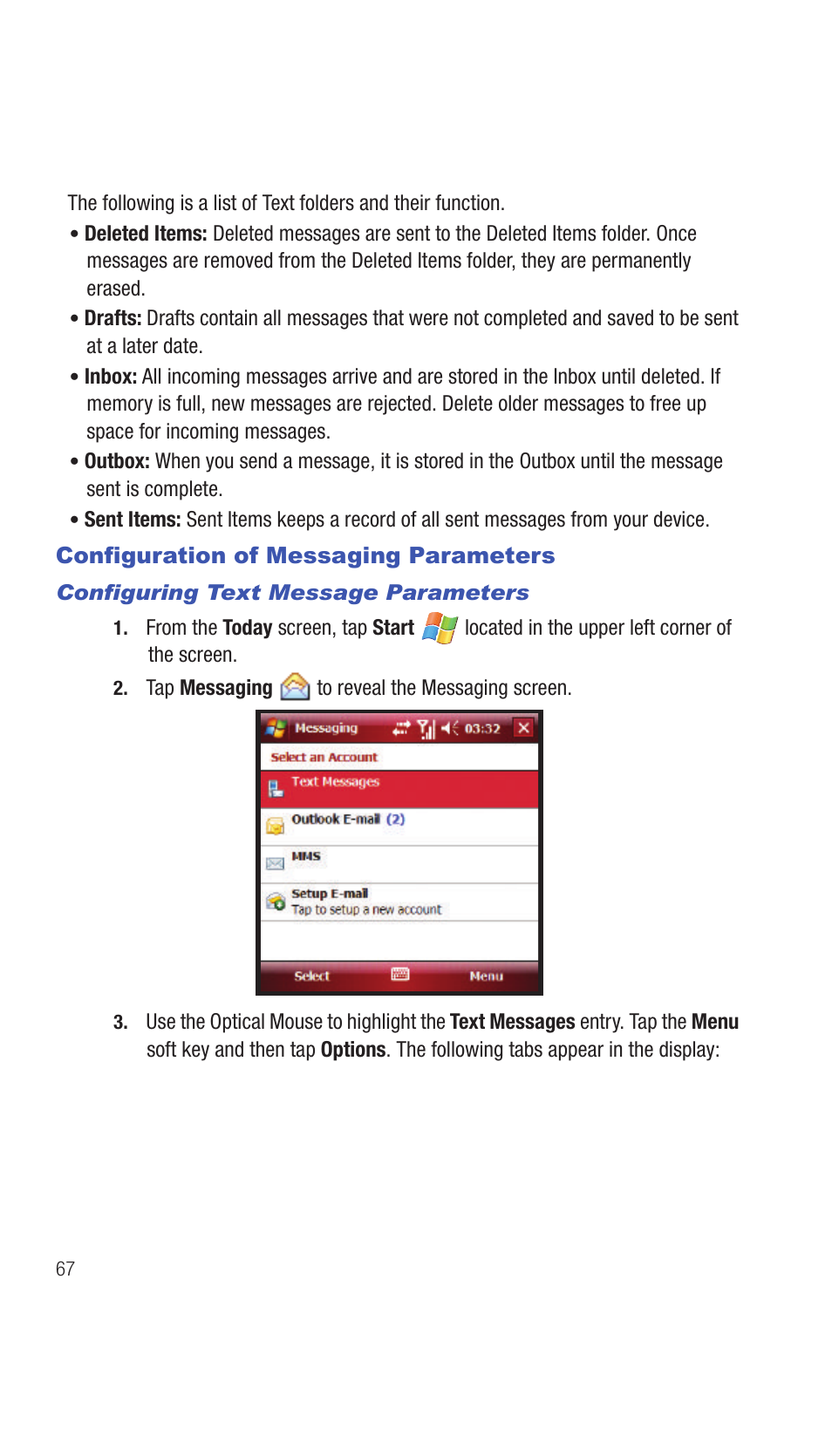 Configuration of messaging parameters | Samsung SCH-I770HAAVZW User Manual | Page 70 / 203