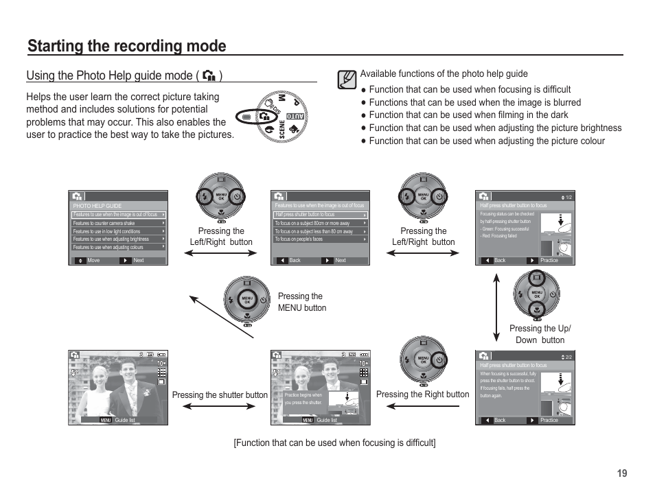 Starting the recording mode, Using the photo help guide mode, Available functions of the photo help guide | Samsung EC-BL103RBC-US User Manual | Page 20 / 98