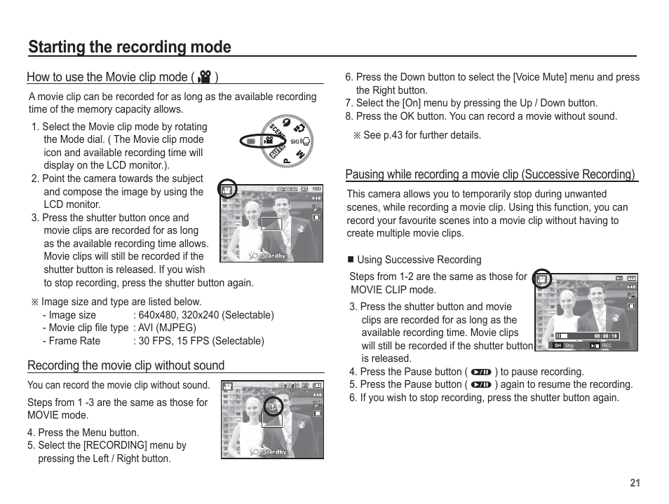 Starting the recording mode | Samsung EC-BL103RBC-US User Manual | Page 22 / 98