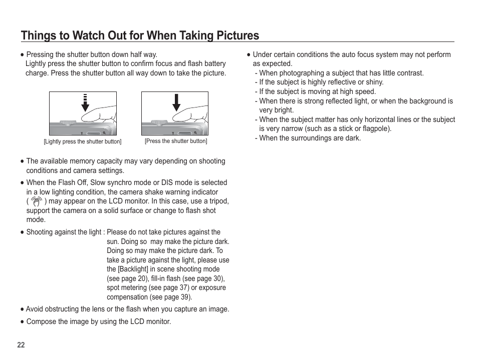 Things to watch out for when taking pictures | Samsung EC-BL103RBC-US User Manual | Page 23 / 98