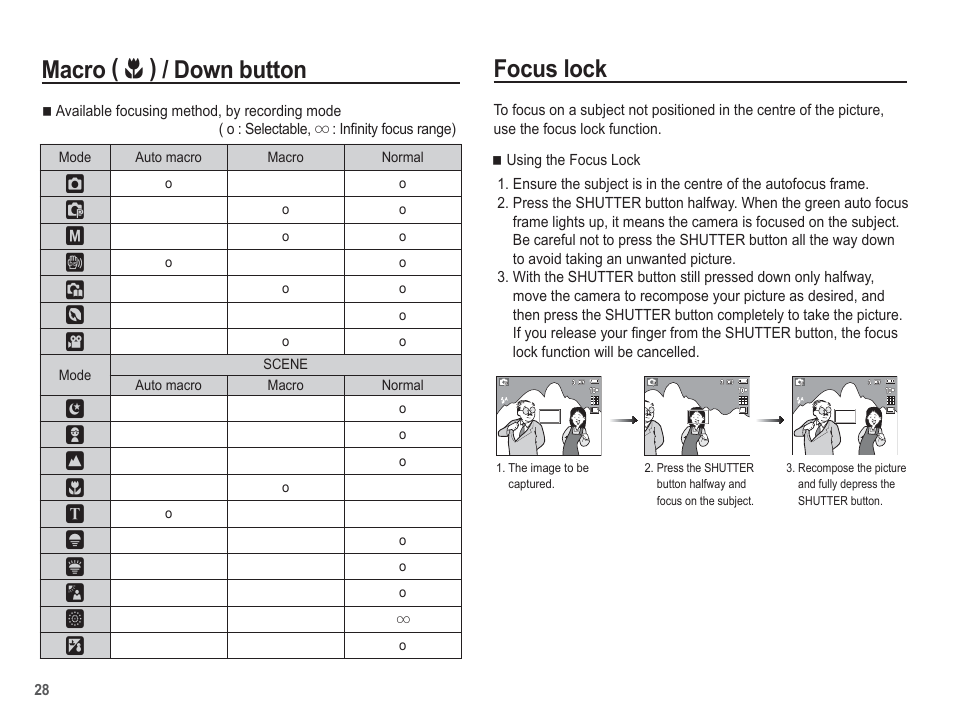 Focus lock, Macro, Down button | Samsung EC-BL103RBC-US User Manual | Page 29 / 98