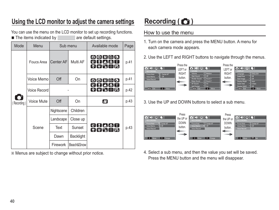 How to use the menu, Ämenus are subject to change without prior notice, Center af multi af | Voice record, Voice mute off on, Scene nightscene children, Foucs area, P.41, P.42, P.43 | Samsung EC-BL103RBC-US User Manual | Page 41 / 98