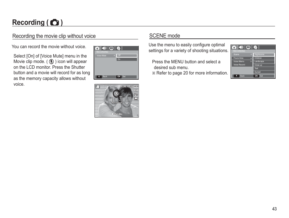 Recording ( ), Recording the movie clip without voice, Scene mode | Samsung EC-BL103RBC-US User Manual | Page 44 / 98