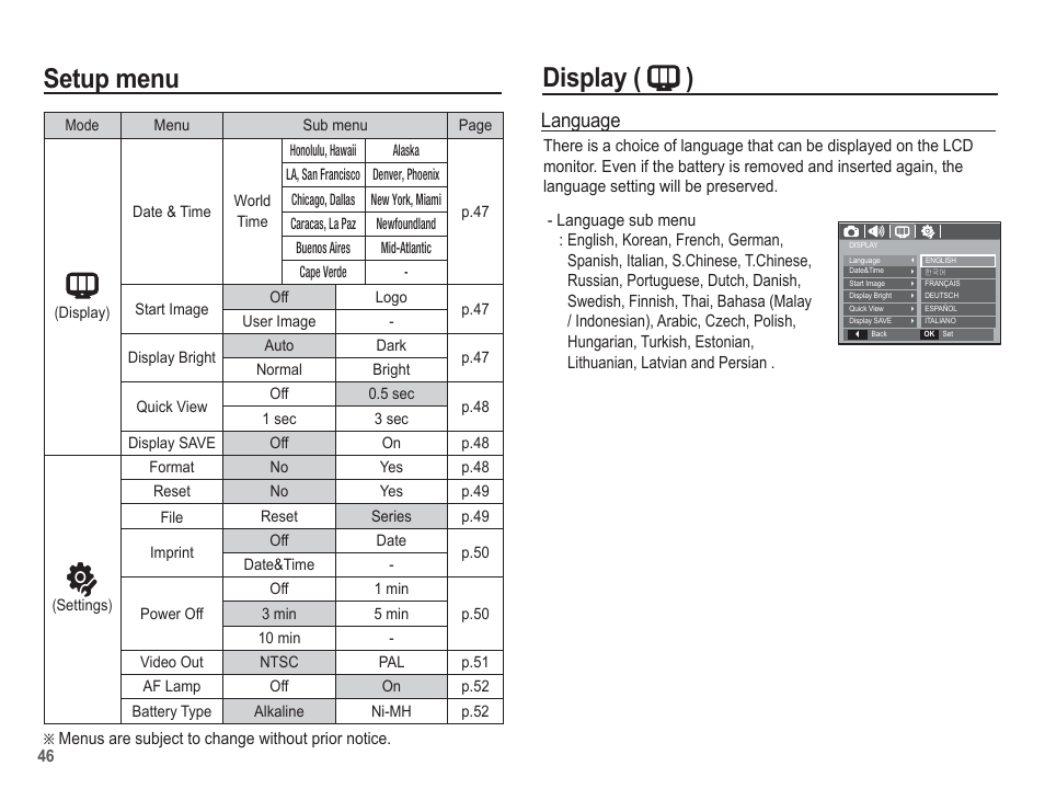 Setup menu, Display ( ), Language | Samsung EC-BL103RBC-US User Manual | Page 47 / 98