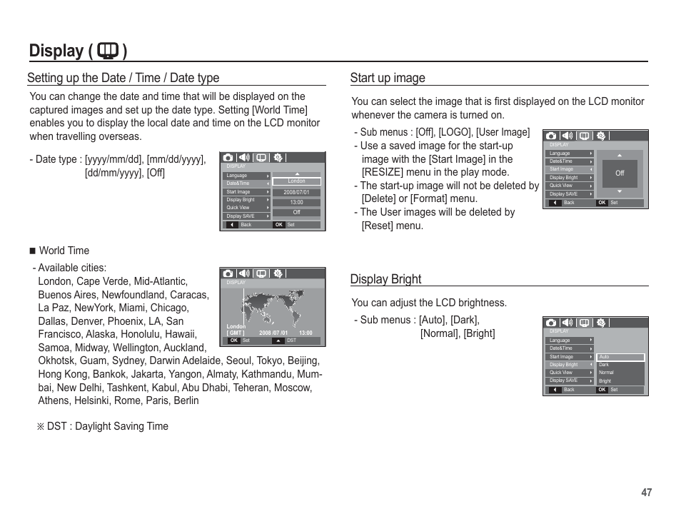 Display ( ), Setting up the date / time / date type, Display bright | Start up image | Samsung EC-BL103RBC-US User Manual | Page 48 / 98