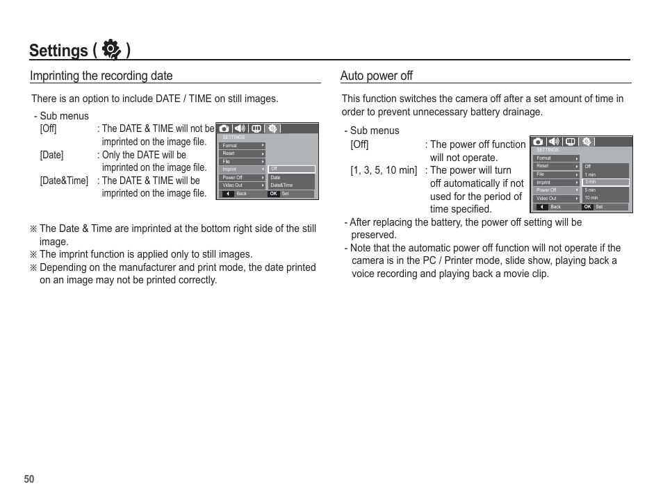 Settings ( ” ), Imprinting the recording date, Auto power off | Samsung EC-BL103RBC-US User Manual | Page 51 / 98