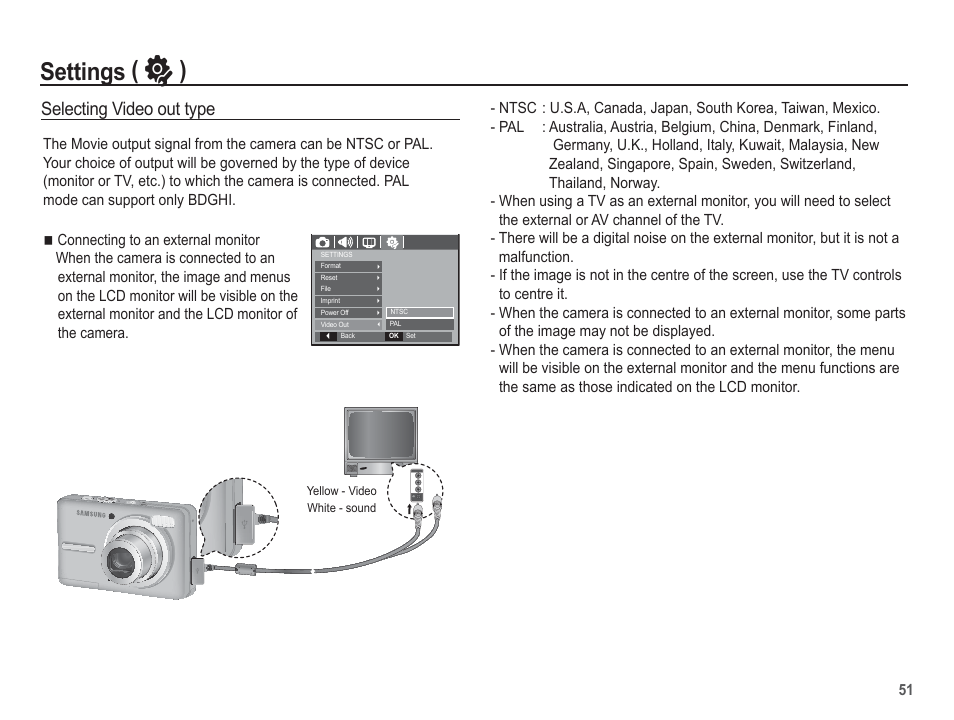 Settings ( ” ), Selecting video out type | Samsung EC-BL103RBC-US User Manual | Page 52 / 98