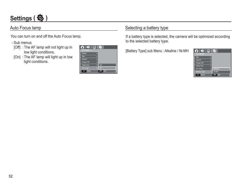 Settings ( ” ), Auto focus lamp, Selecting a battery type | Samsung EC-BL103RBC-US User Manual | Page 53 / 98