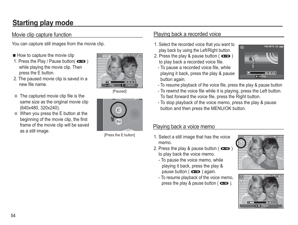 Starting play mode, Movie clip capture function, Playing back a recorded voice | Samsung EC-BL103RBC-US User Manual | Page 55 / 98