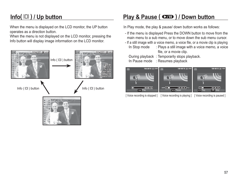 Play & pause ( ø ) / down button, Info( î ) / up button | Samsung EC-BL103RBC-US User Manual | Page 58 / 98