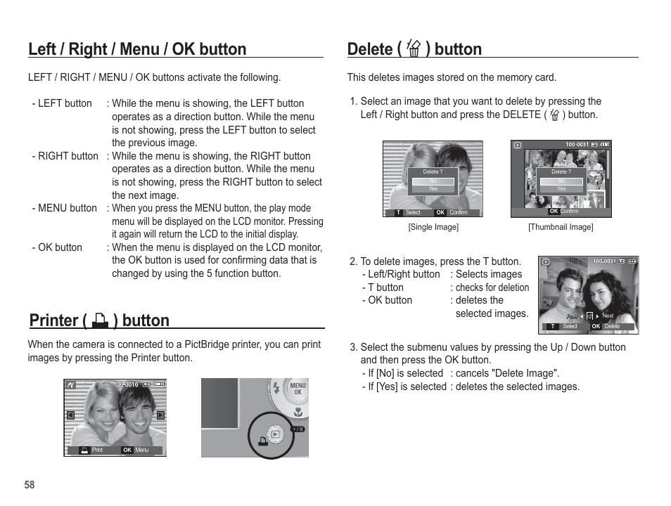 Delete ( õ ) button, Printer ( » ) button, Left / right / menu / ok button | Samsung EC-BL103RBC-US User Manual | Page 59 / 98