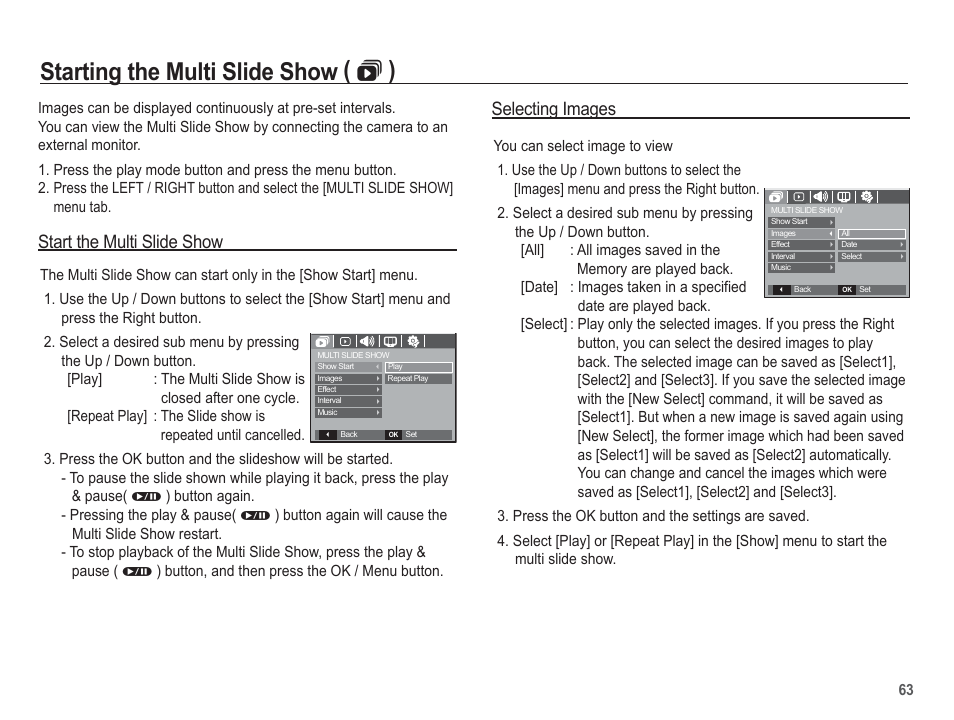 Starting the multi slide show (  ), Start the multi slide show, Selecting images | Samsung EC-BL103RBC-US User Manual | Page 64 / 98