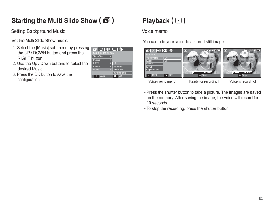 Starting the multi slide show (  ), Playback ( à ), Setting background music | You can add your voice to a stored still image | Samsung EC-BL103RBC-US User Manual | Page 66 / 98