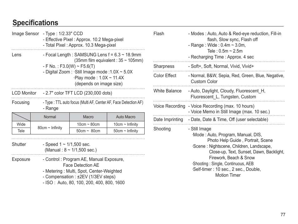 Specifications | Samsung EC-BL103RBC-US User Manual | Page 78 / 98