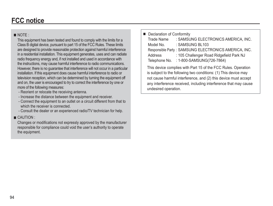 Fcc notice | Samsung EC-BL103RBC-US User Manual | Page 95 / 98