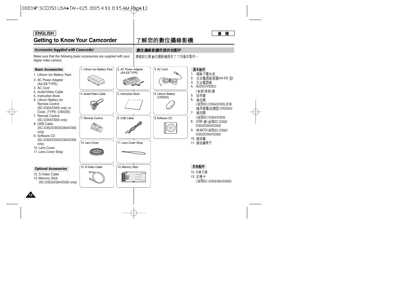 Getting to know your camcorder | Samsung SC-D353-AFS User Manual | Page 12 / 122